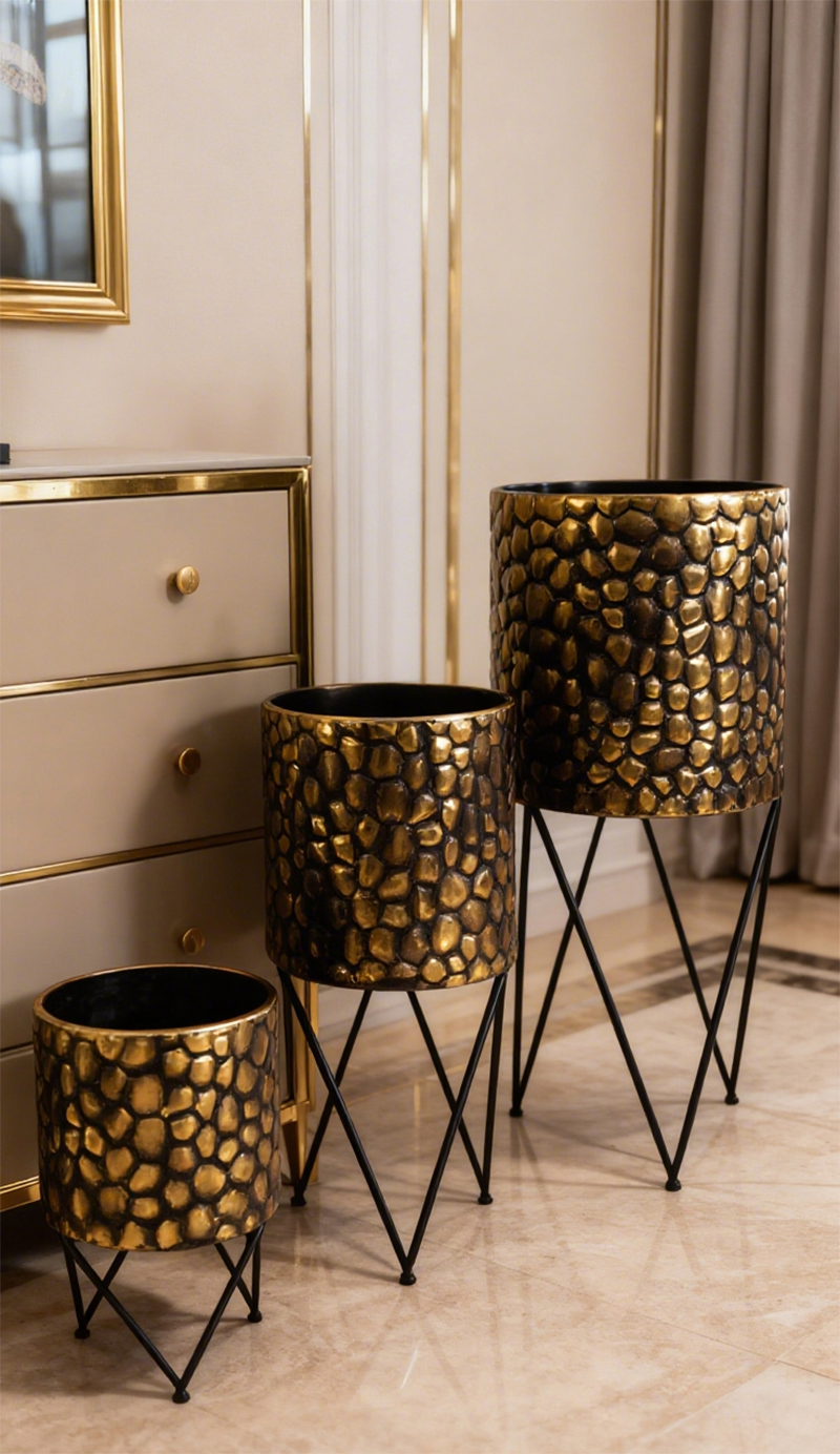 金色纹理铁艺花盆大号中号小号3个一套
