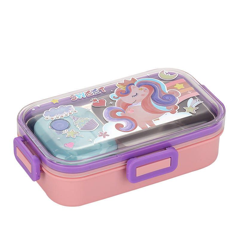 卡通独角兽恐龙太空分格便当盒 304 不锈钢内胆 卡扣密封带酱料杯 学生儿童便携饭盒详情2