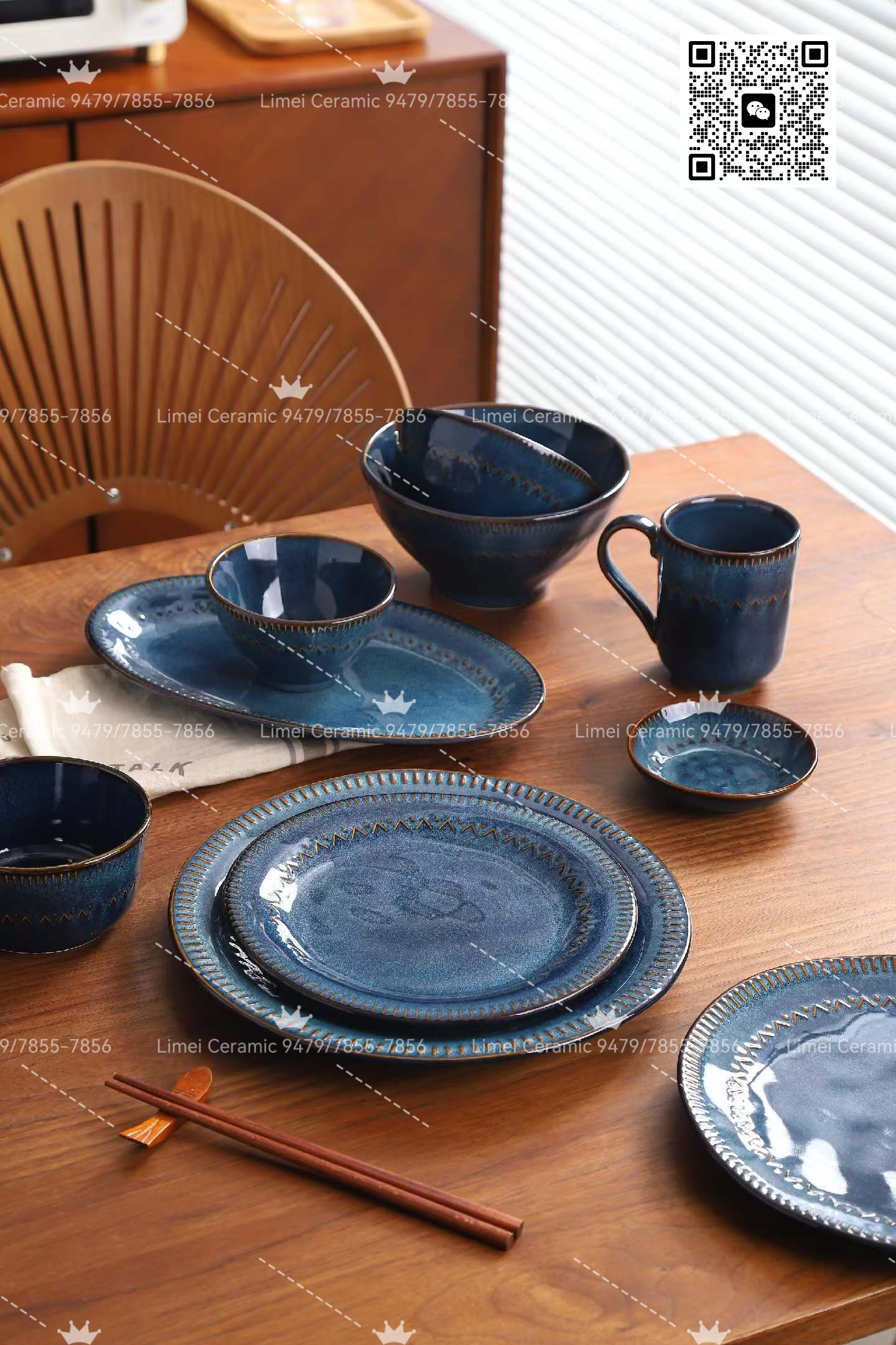 Limei Ceramics InS-style Ethnic style deep blue Ceramic Tableware set: Plates, bowls, cups, chopsticks, bone China, simple and fashionable. Home and commercial flat plates, deep plates, cups and deep bowls set details Picture