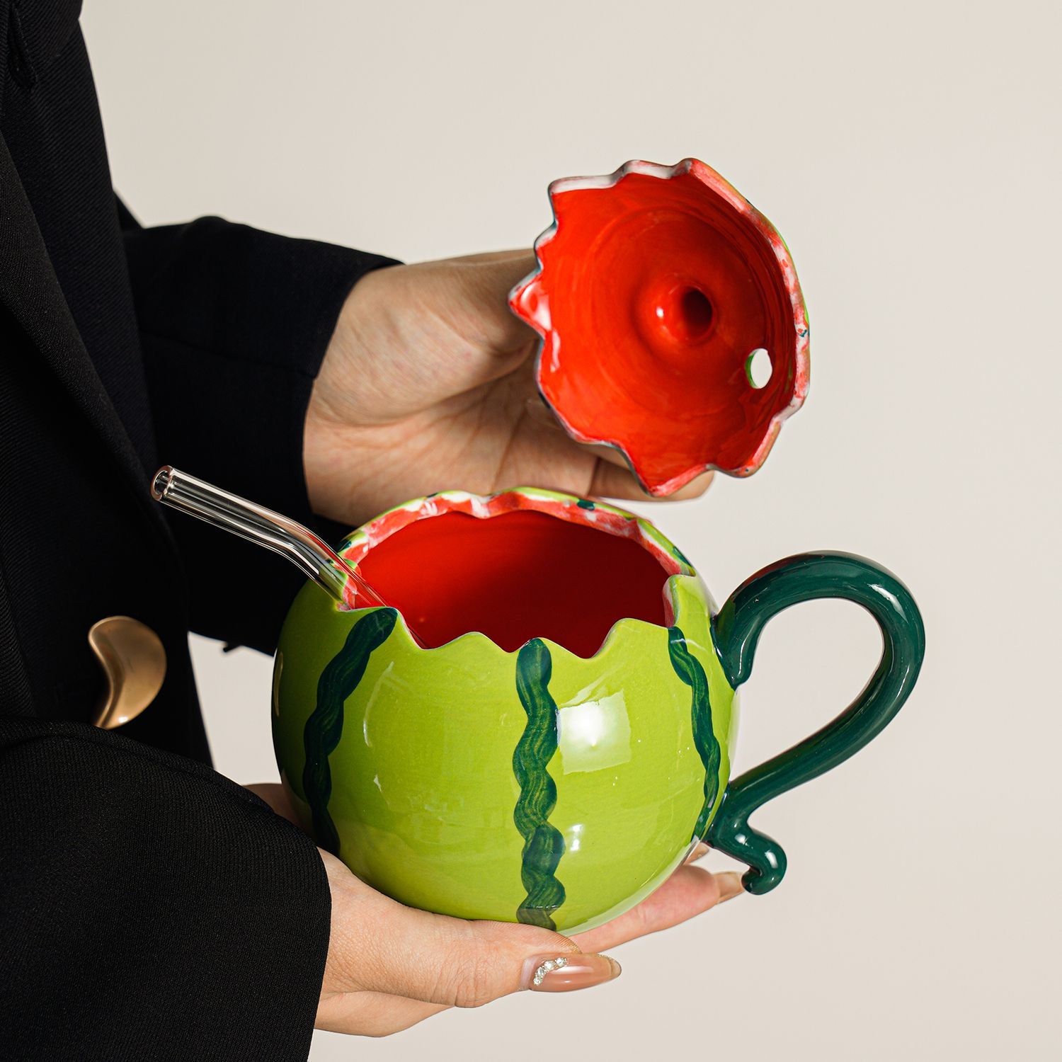 Hand-painted watermelon mugs, strange and unique cups with LIDS, high appearance level, 2026 new ceramic water cups as souvenirs detail image 4