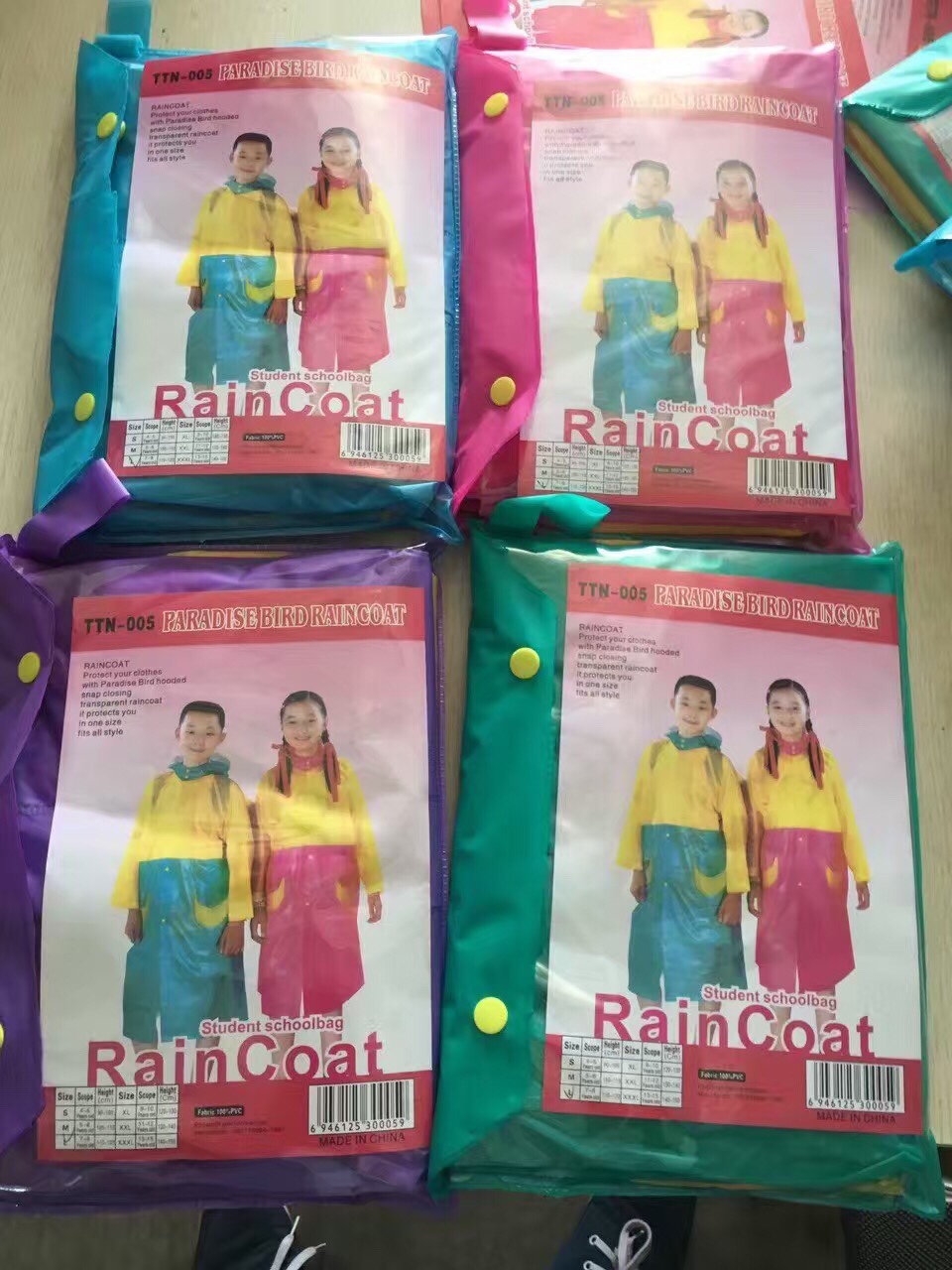 四款儿童雨衣包装袋 PARADISE BIRD RAINCOAT 男孩女孩图案彩色透明雨裤