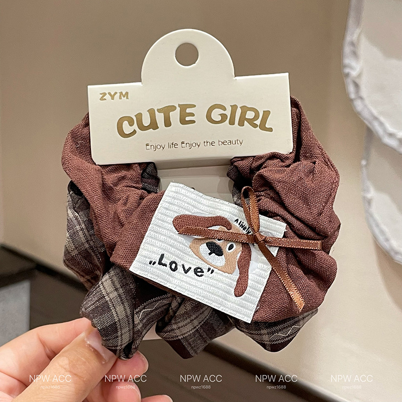 2 sets of cute dog cloth stickers for early autumn student large intestine hair bands, sweet and versatile pink coffee checkered hair accessories details Picture