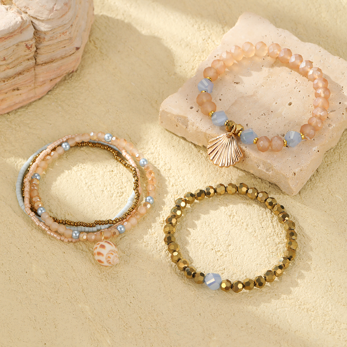 厂家直销波西米亚风叠戴手串 海洋风海螺多层手链 手工串珠贝壳手串