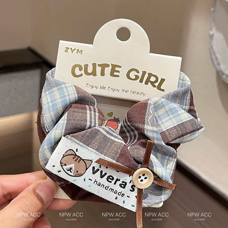 2 sets of cute dog cloth stickers for early autumn student large intestine hair bands, sweet and versatile pink coffee checkered hair accessories detail image 4