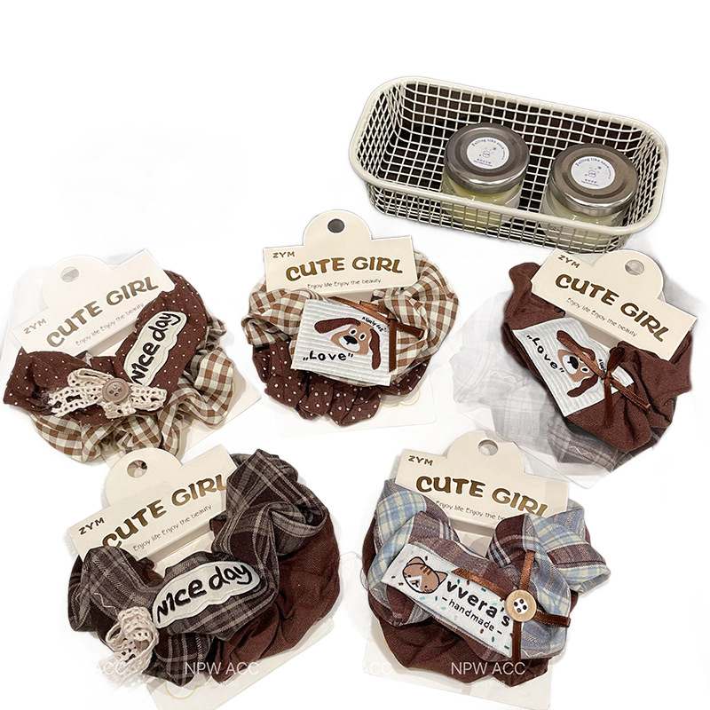2 sets of cute dog cloth stickers for early autumn student large intestine hair bands, sweet and versatile pink coffee checkered hair accessories detail image 7
