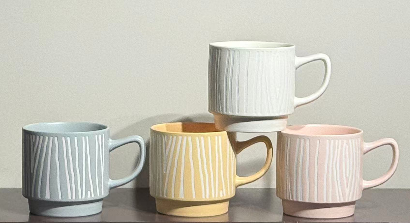 New bone China scratch-off (Simple style ceramic cup, four soft color schemes combined with vertical stripe design, fresh and elegant