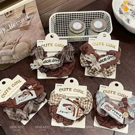 2 sets of cute dog cloth stickers for early autumn student large intestine hair bands, sweet and versatile pink coffee checkered hair accessories 2 sets of cute dog cloth stickers for early autumn student large intestine hair bands, sweet and versatile pink coffee checkered hair accessories