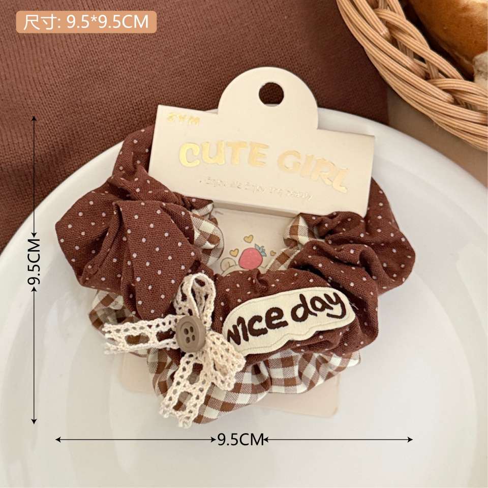 2 sets of cute dog cloth stickers for early autumn student large intestine hair bands, sweet and versatile pink coffee checkered hair accessories detail image 5