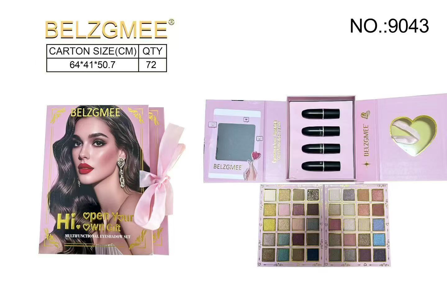 BELZGMEE multi-functional eyeshadow Gift Box, with pink packaging, includes an eyeshadow palette and lipstick, a new fashion and beauty product.