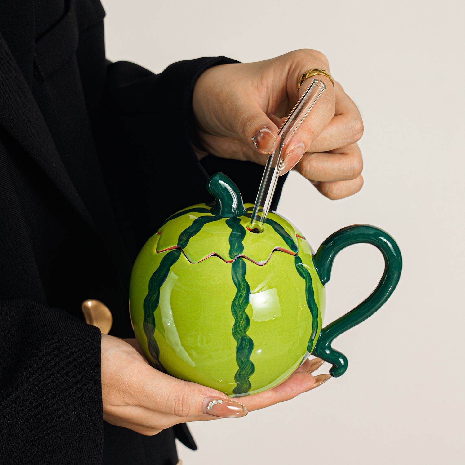 Hand-painted watermelon mugs, strange and unique cups with LIDS, high appearance level, 2026 new ceramic water cups as souvenirs detail image 5