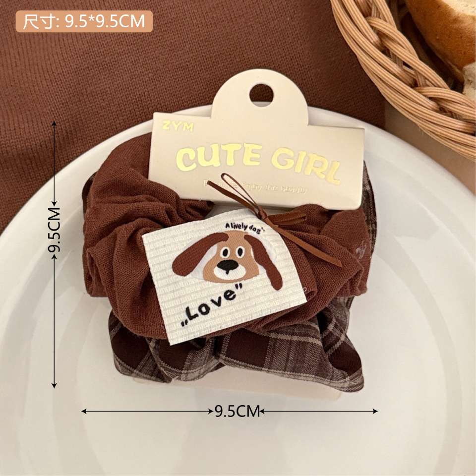 2 sets of cute dog cloth stickers for early autumn student large intestine hair bands, sweet and versatile pink coffee checkered hair accessories Application Scenario