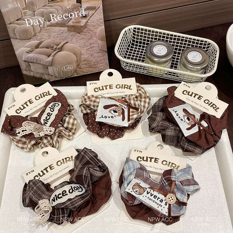2 sets of cute dog cloth stickers for early autumn student large intestine hair bands, sweet and versatile pink coffee checkered hair accessories detail image 2