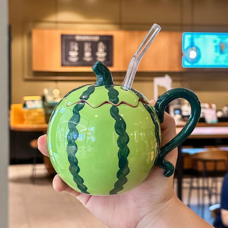 Hand-painted watermelon mugs, strange and unique cups with LIDS, high appearance level, 2026 new ceramic water cups as souvenirs details Picture