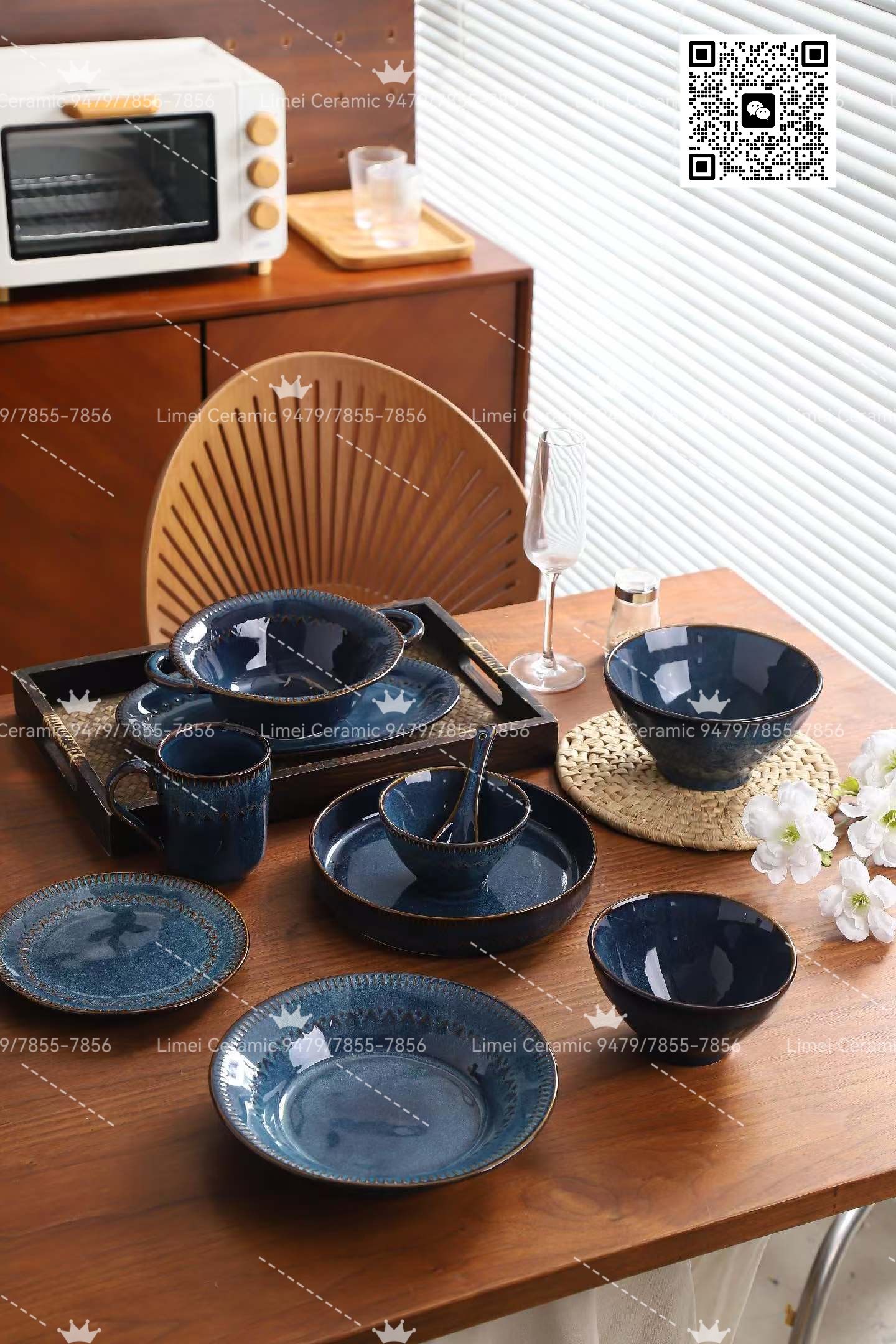 Limei Ceramics InS-style Ethnic style Japanese deep blue Ceramic Tableware Set, soup spoons, plates, bone China Simple and fashionable Home deep plate, cup and bowl set details Picture