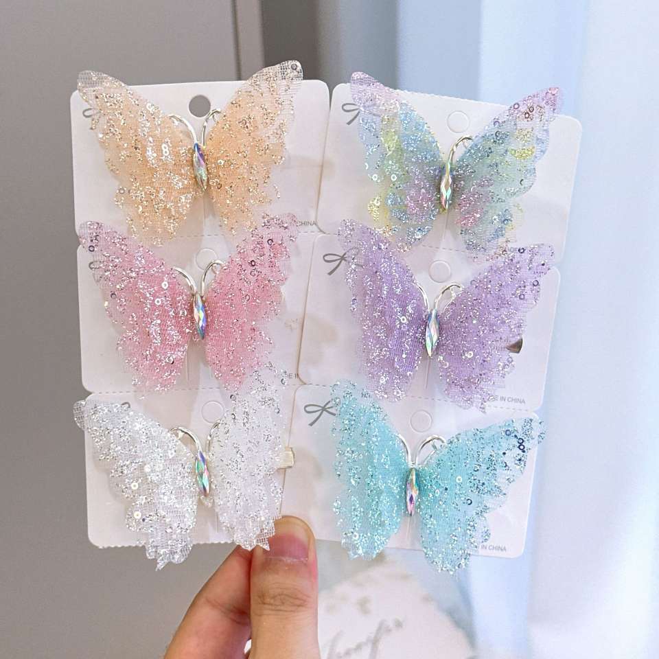 Super fairy fine glittering three-dimensional butterfly hairpin, multi-layer mesh glittering diamond design, cute princess, children's and girlish hairpin, children's hairpin