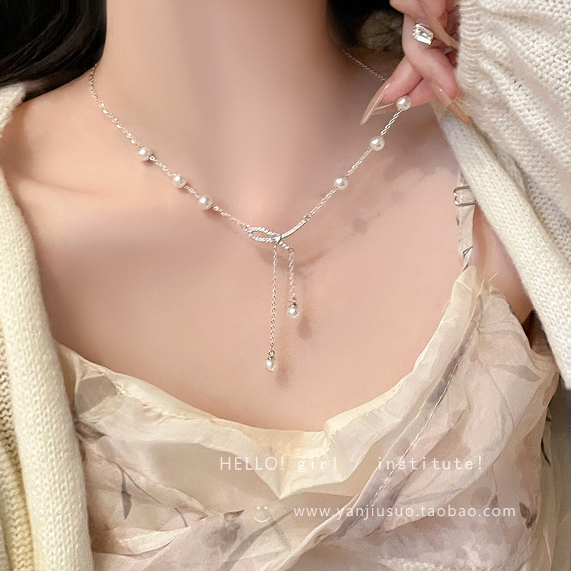 Bow pearl tassel necklace for women, 2024 new style light luxury niche design, high-end neckchain collarbone chain accessory necklace Specification image
