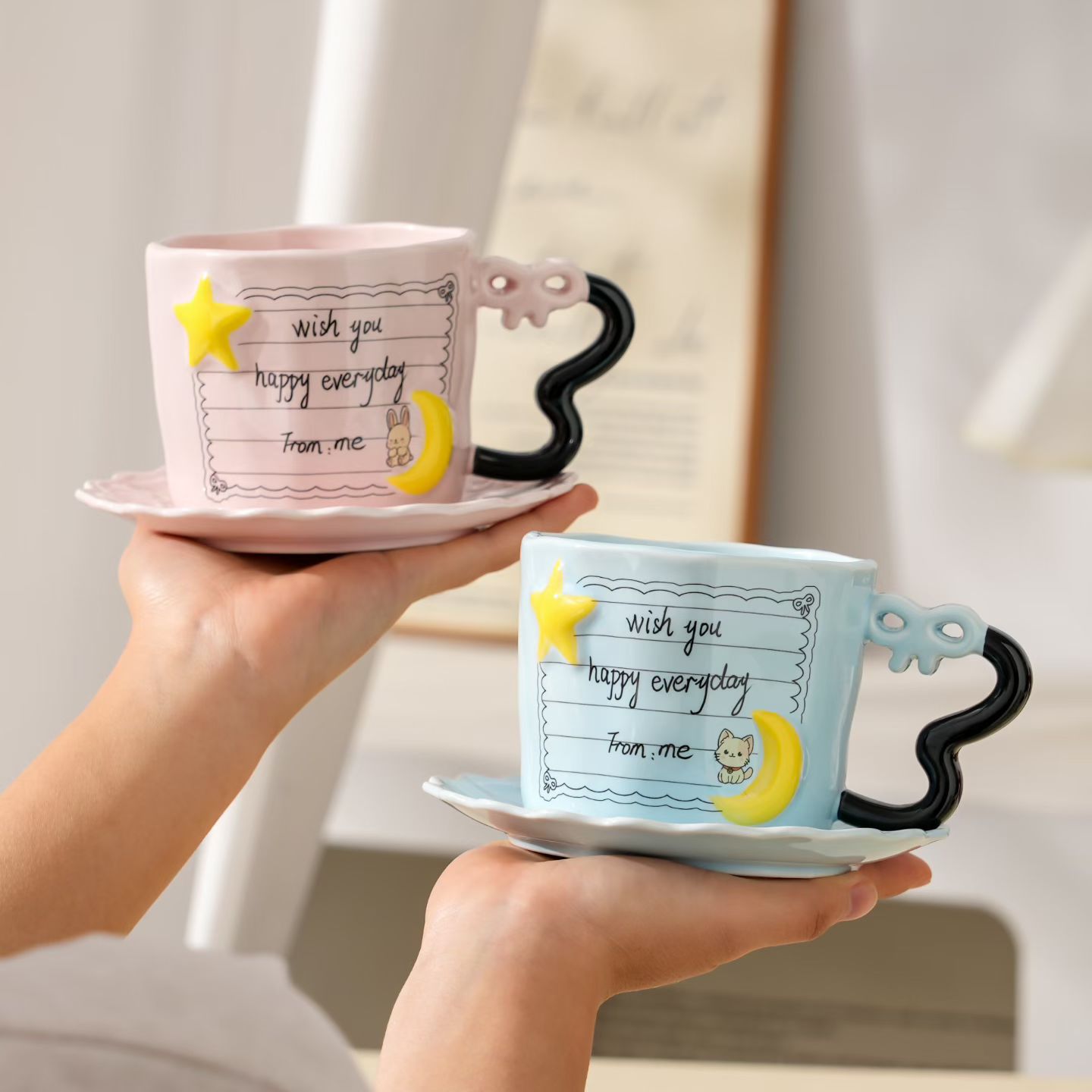 New high-appeal InS-style sticky note ceramic cup and plate set gift box, three-dimensional star and moon mugs, cartoon cute girls' breakfast cups, milk and coffee cups, home essentials, ceramic craftsmanship details Picture