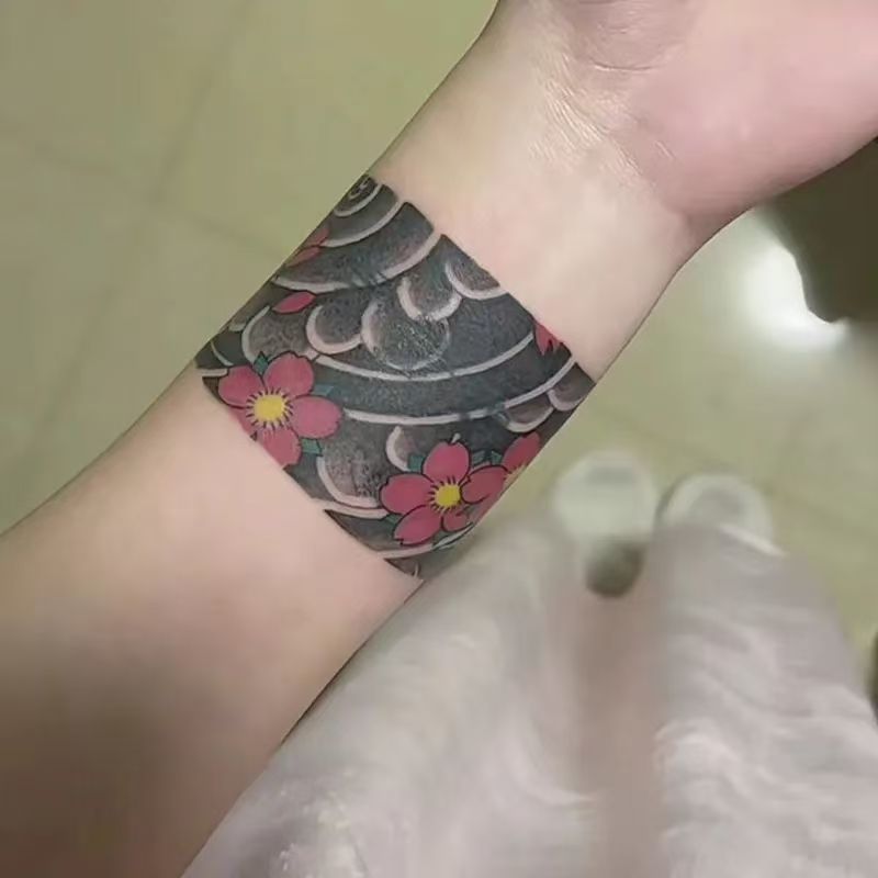 樱花日式老传统臂环彩色男女纹身贴  海浪般若手环脚踝防水持久仿真  纹身贴详情图3
