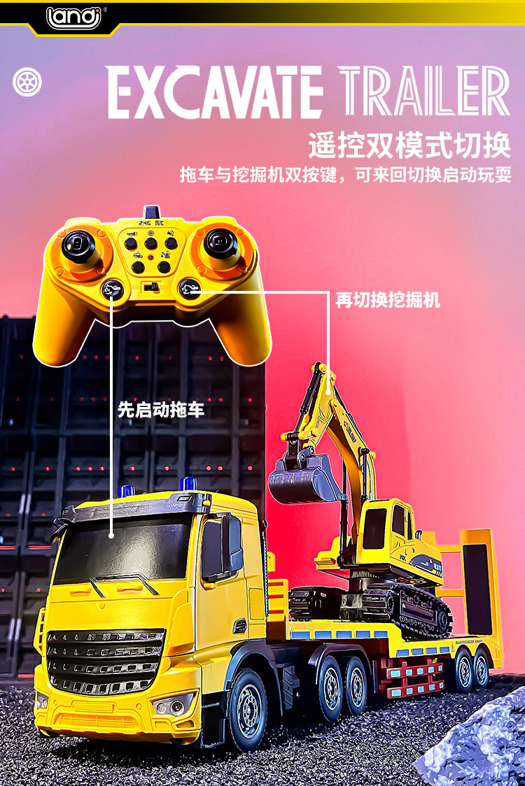 双遥控车挖机组合半挂拖头车合金模型挖掘机声光平板卡车运输车载详情7