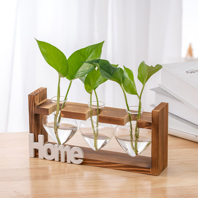 玻璃花瓶水培植物容器木头框架配home字母桌面摆件家居装饰品桌面客厅花器绿植水培花瓶 