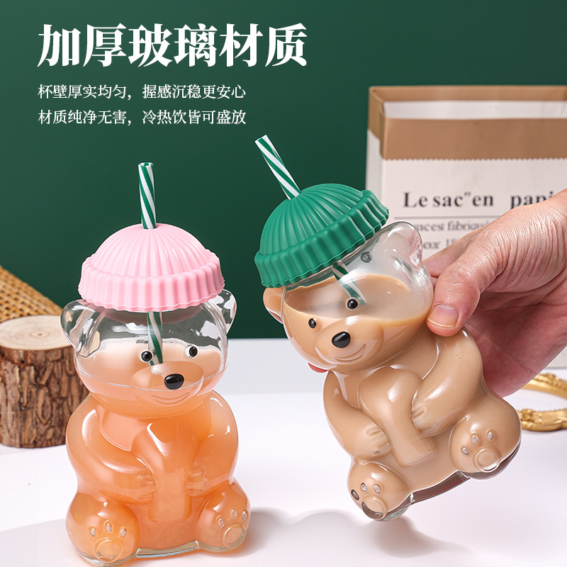 小熊创意玻璃杯新款网红高颜值水杯大容量可爱卡通奶茶杯牛奶杯饮料吸管杯果汁杯小熊圣诞杯 玻璃制品详情图5