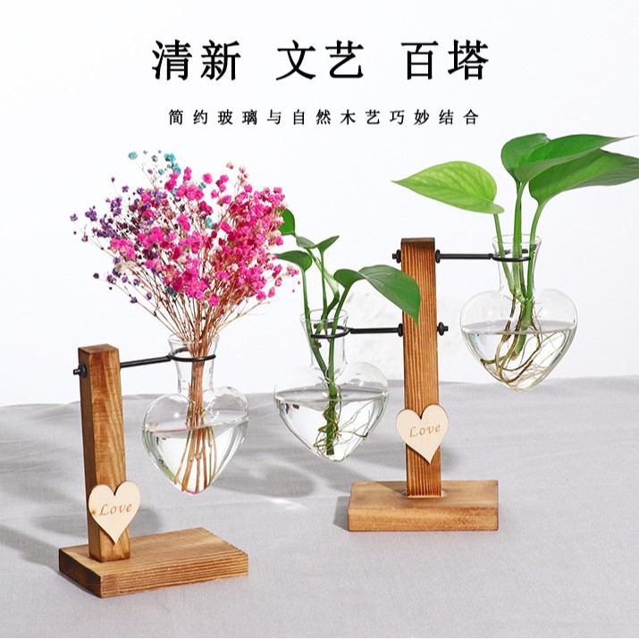 生态瓶水培植物花瓶睡莲花盆花卉绿植灌溉水壶创意爱心水培透明玻璃花瓶木质干花插花容器桌面装饰摆件木架花瓶 