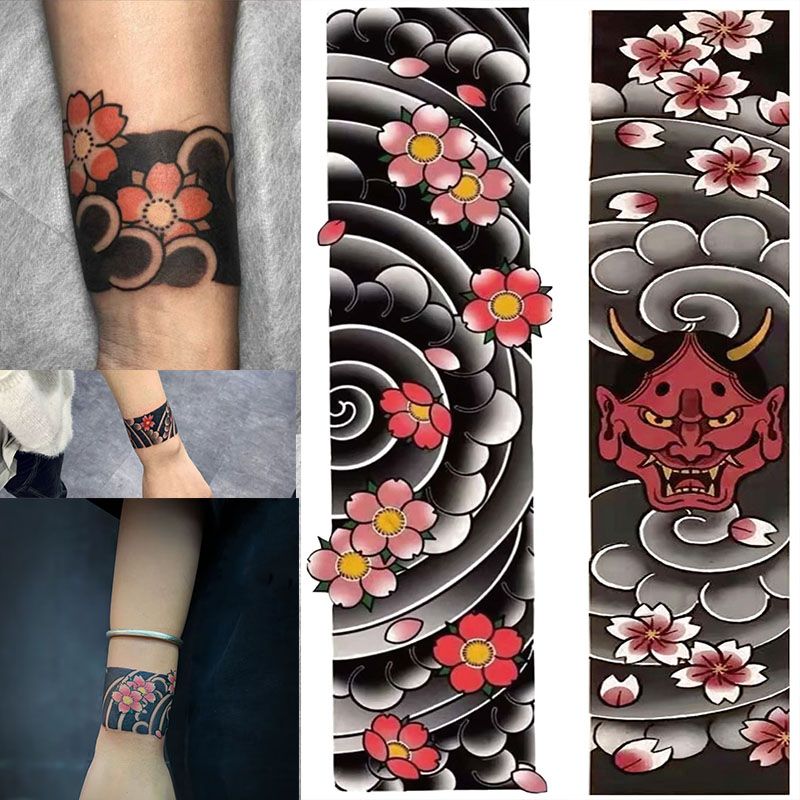 樱花日式老传统臂环彩色男女纹身贴  海浪般若手环脚踝防水持久仿真  纹身贴详情图2
