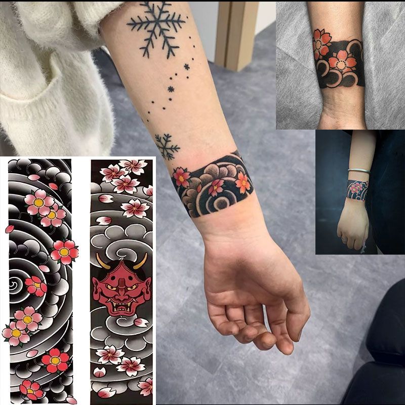 樱花日式老传统臂环彩色男女纹身贴  海浪般若手环脚踝防水持久仿真  纹身贴