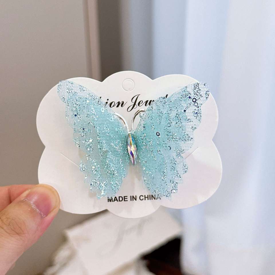 Super fairy fine glittering three-dimensional butterfly hairpin, multi-layer mesh glittering diamond design, cute princess, children's and girlish hairpin, children's hairpin Specification image