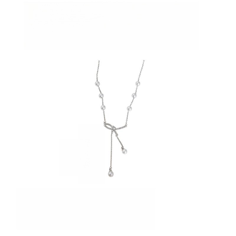 Bow pearl tassel necklace for women, 2024 new style light luxury niche design, high-end neckchain collarbone chain accessory necklace Item Picture