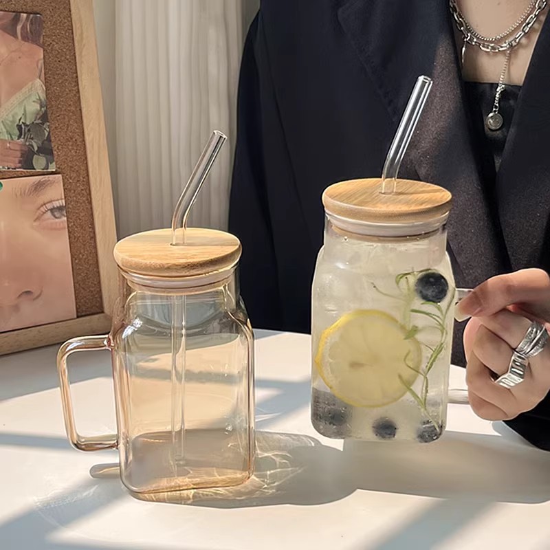 高鹏硅吸管玻璃杯方杯七彩吸管杯琥珀色烟灰色吸管杯详情图3