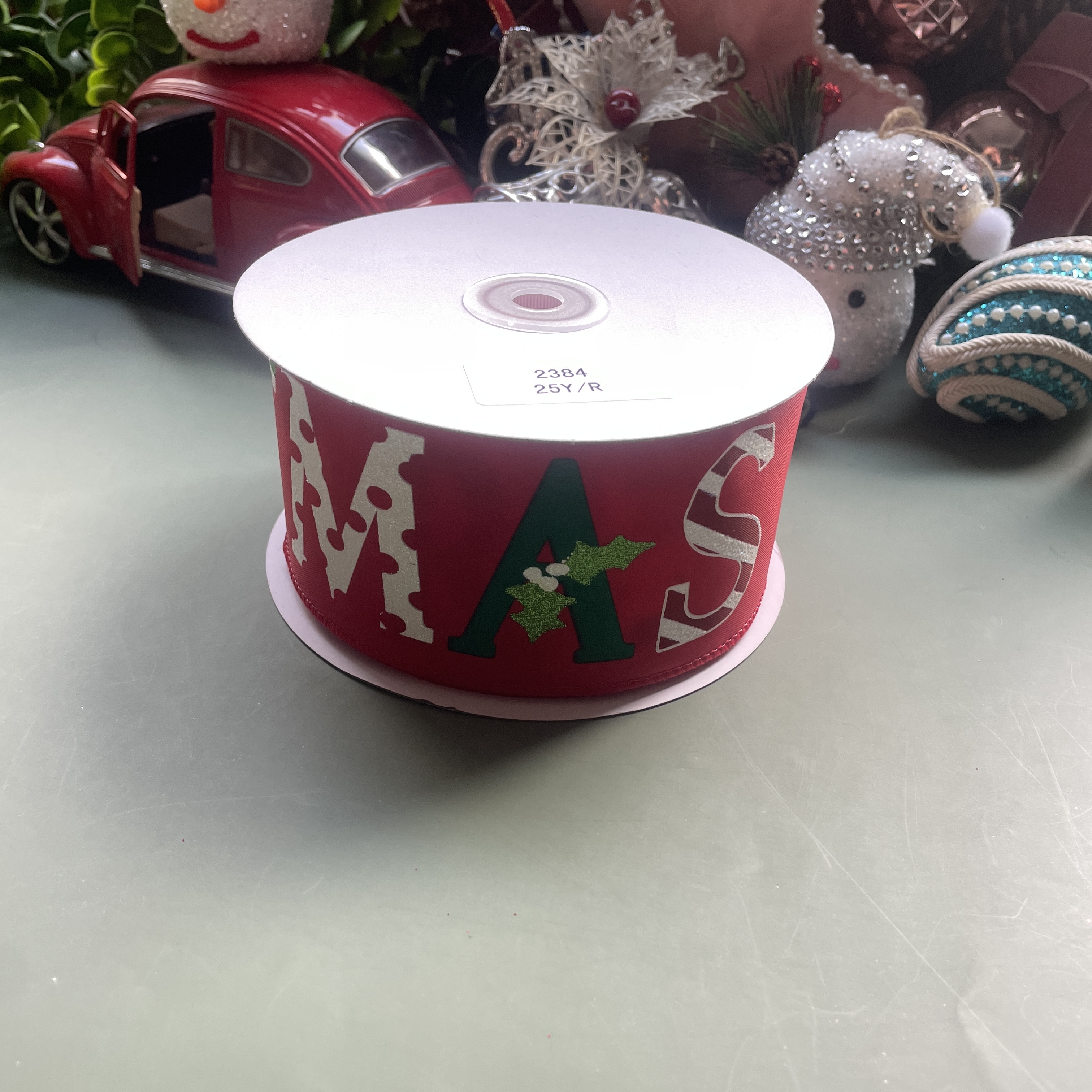 Item No. : 2384 Christmas Gift Packaging Decoration DIY Double-stripe Printed Multicolored fruit Green Onion Christmas Wire Strip 6.3cm Application Scenario