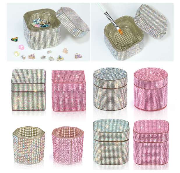 Diamond-encrusted nail art crystal cup, high-end pen cleaning cup, square transparent glass cleaning container full of diamonds