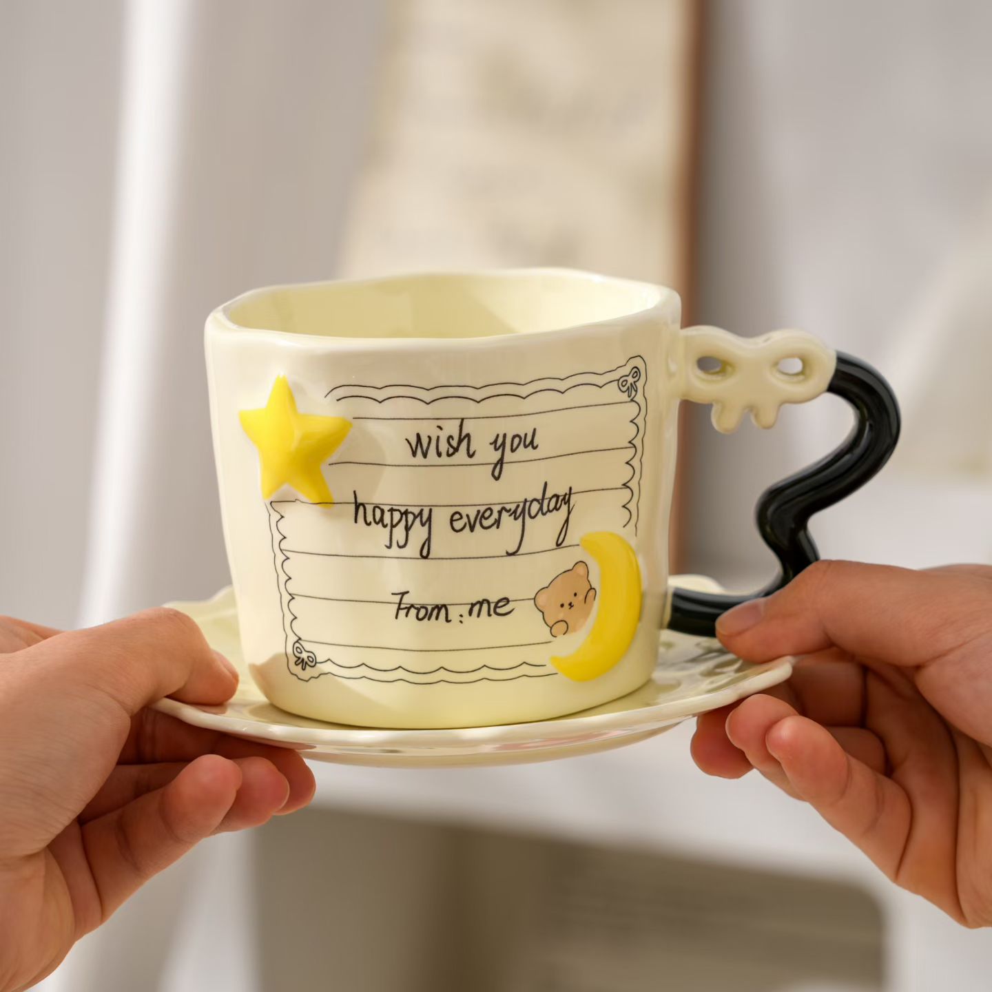 New high-appeal InS-style sticky note ceramic cup and plate set gift box, three-dimensional star and moon mugs, cartoon cute girls' breakfast cups, milk and coffee cups, home essentials, ceramic craftsmanship Specification image