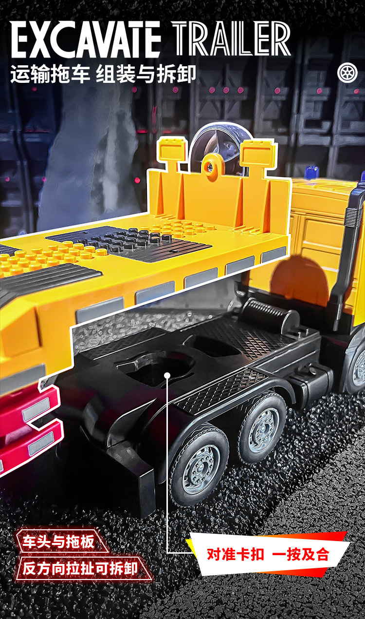 双遥控车挖机组合半挂拖头车合金模型挖掘机声光平板卡车运输车载详情4