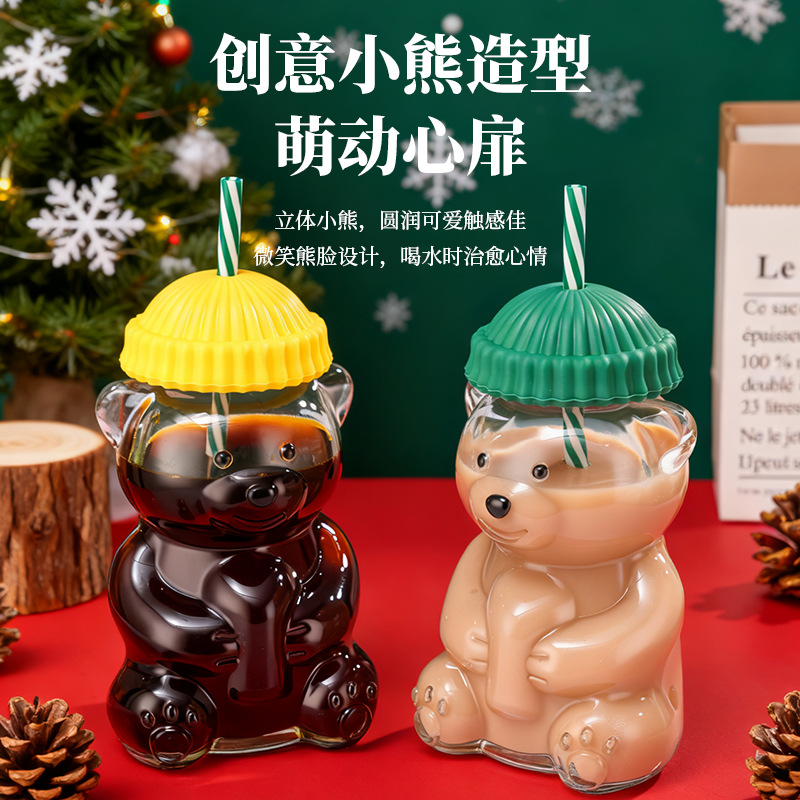 小熊创意玻璃杯新款网红高颜值水杯大容量可爱卡通奶茶杯牛奶杯饮料吸管杯果汁杯小熊圣诞杯 玻璃制品详情图3
