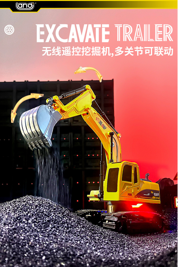 双遥控车挖机组合半挂拖头车合金模型挖掘机声光平板卡车运输车载详情9