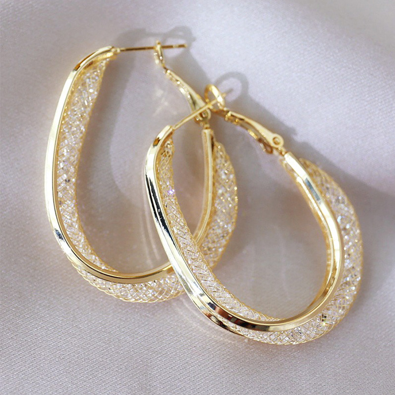 New 8-piece cross-border European and American oval fashion mesh earrings, crystal zircon exaggerated ear buckles, women's high-end and light luxury design ears