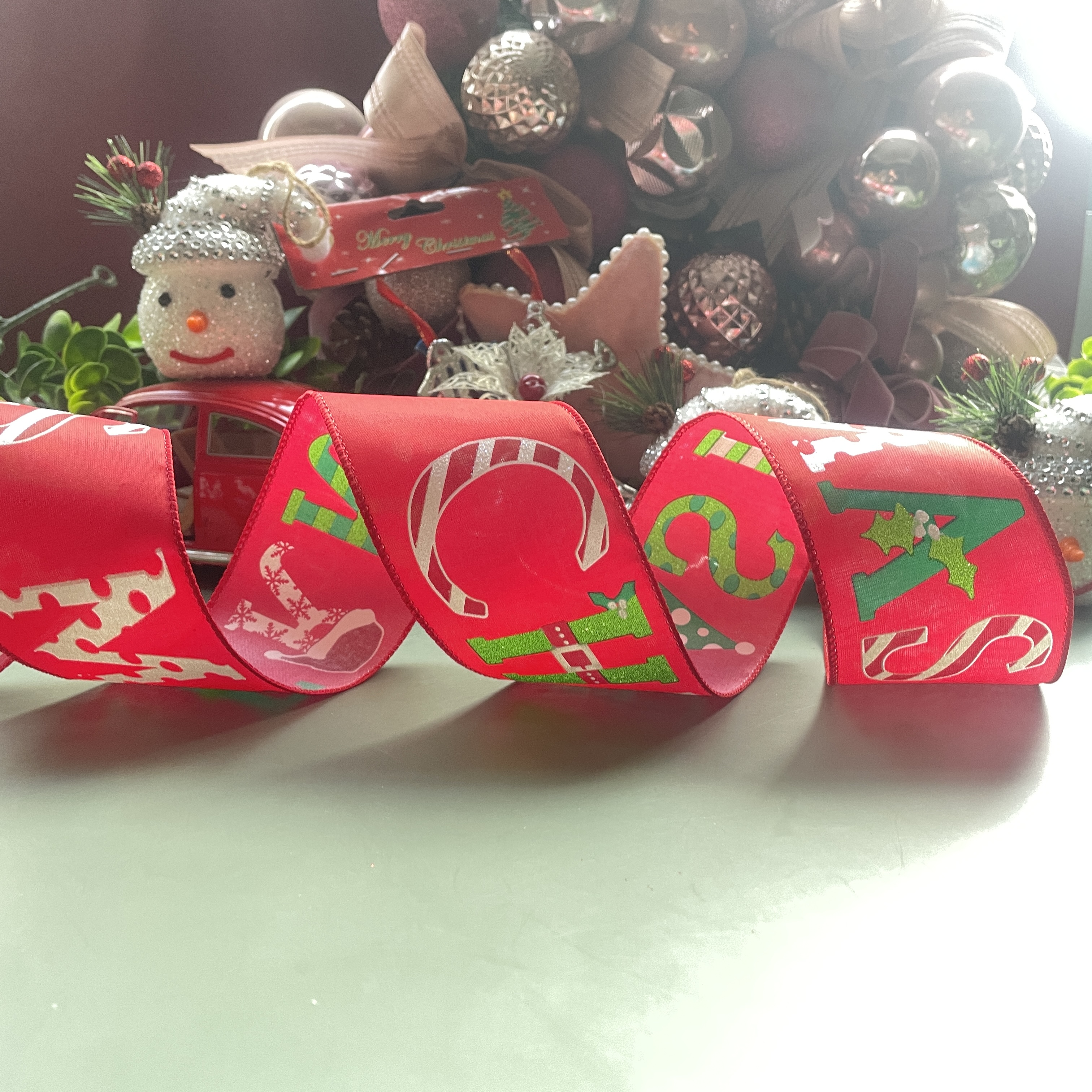 Item No. : 2384 Christmas Gift Packaging Decoration DIY Double-stripe Printed Multicolored fruit Green Onion Christmas Wire Strip 6.3cm details Picture