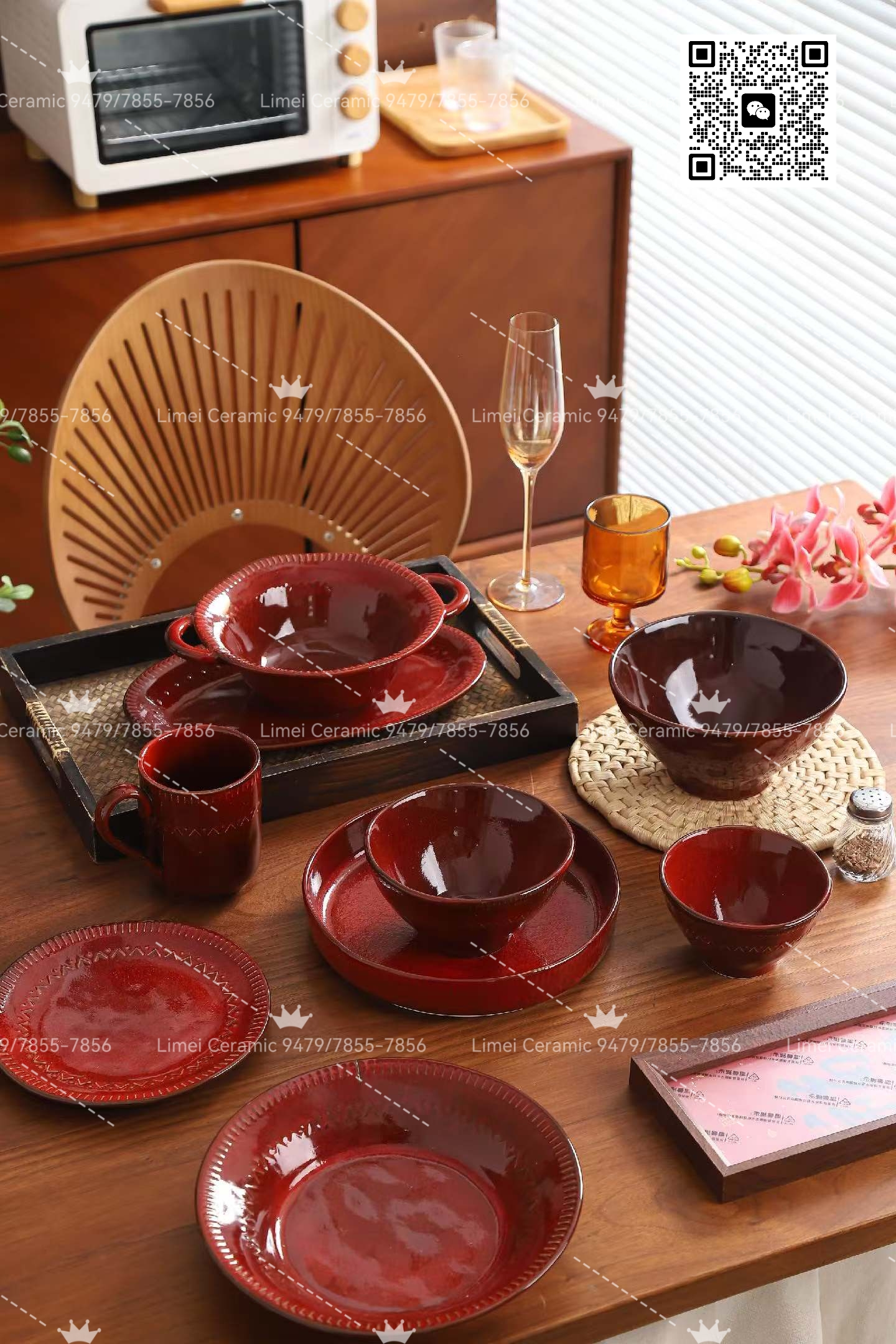 Limei Ceramics' Ins-style ethnic style red ceramic tableware, including bowls, plates, chopsticks, wine glasses, deep plates, flat plates, shallow plates, porcelain bone China tableware sets, Japanese-style factory direct sales