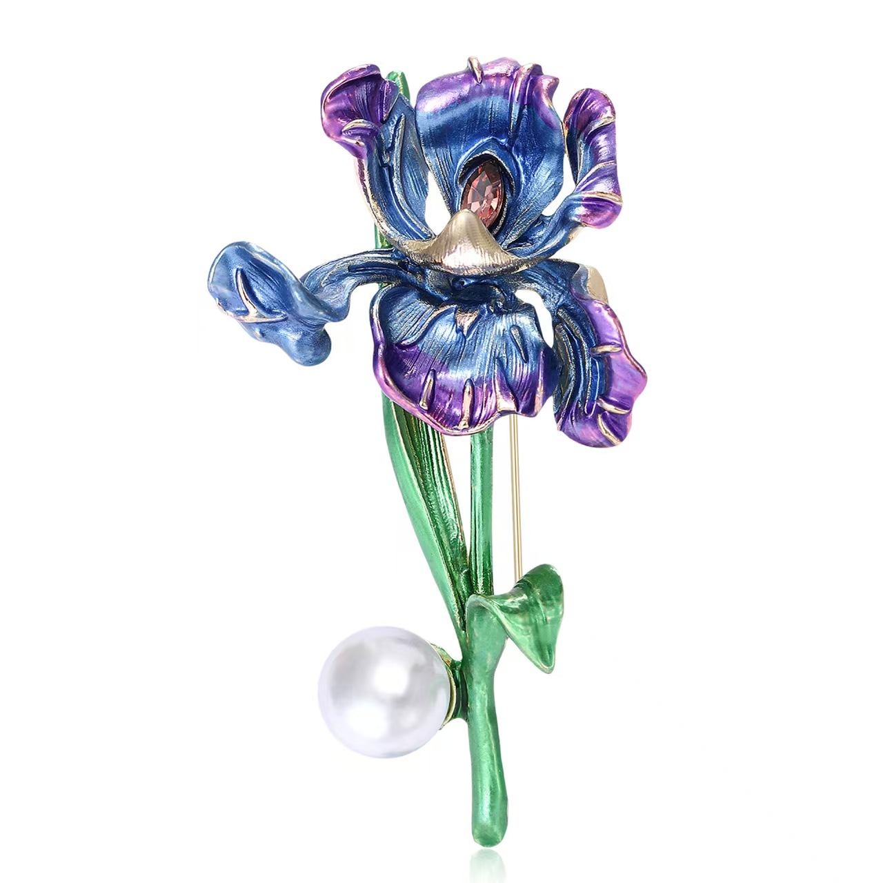 New European and American French court alloy enamel iris brooch, fashionable and retro women's clothing brooch accessory pin details Picture