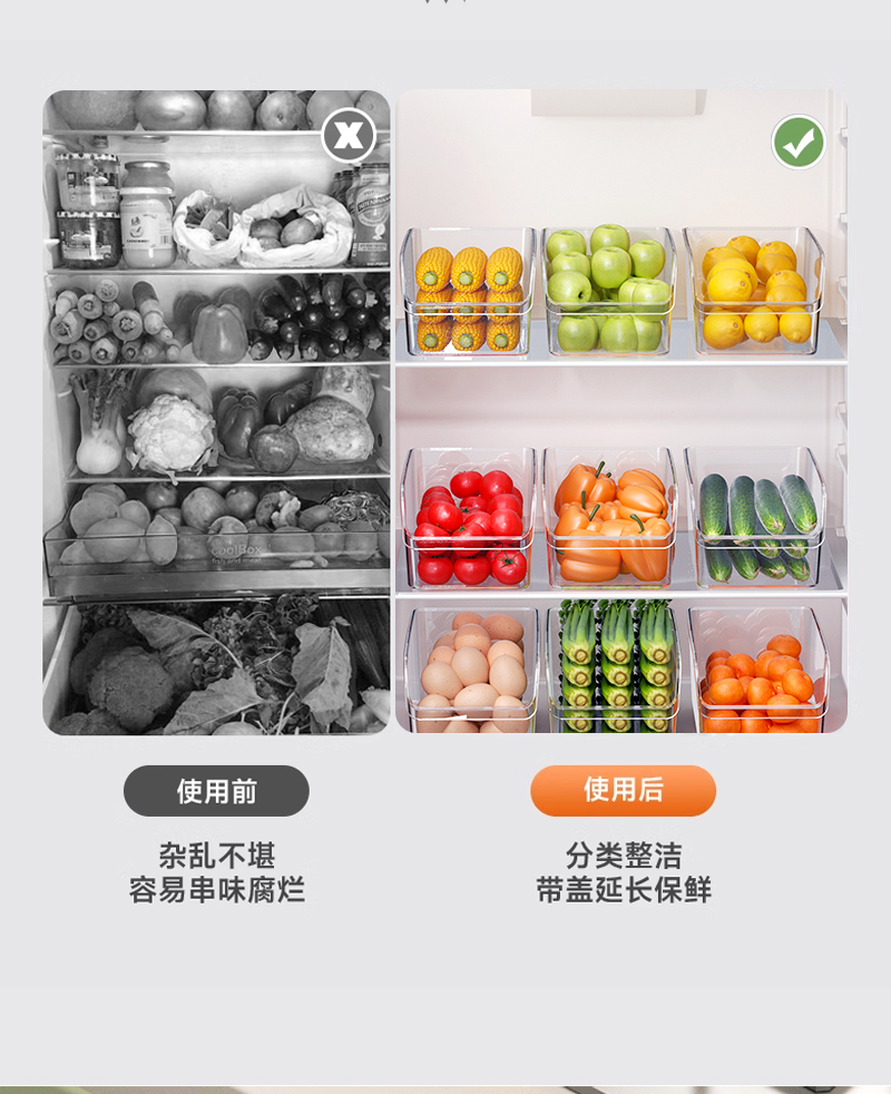 透明塑料蔬果收纳盒内装玉米苹果柠檬西红柿彩椒黄瓜冰箱分类收纳盒食品收纳盒鸡蛋收纳盒面条收纳盒密封磁吸架详情3