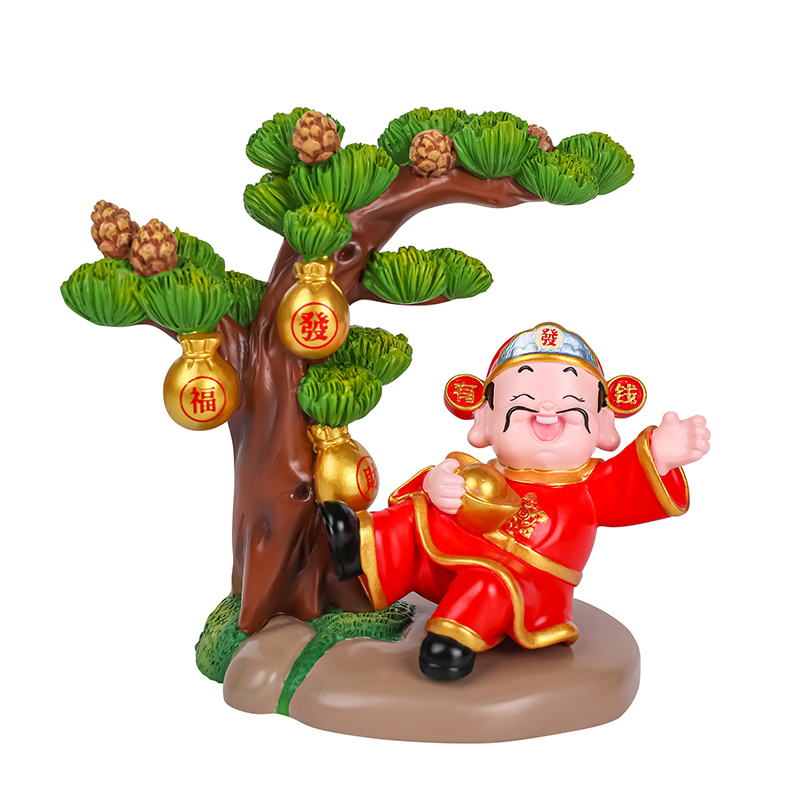好运财神柿柿如意创意财神爷摆件家居装饰品办公桌面工位车载装饰发财树树脂白底实物图