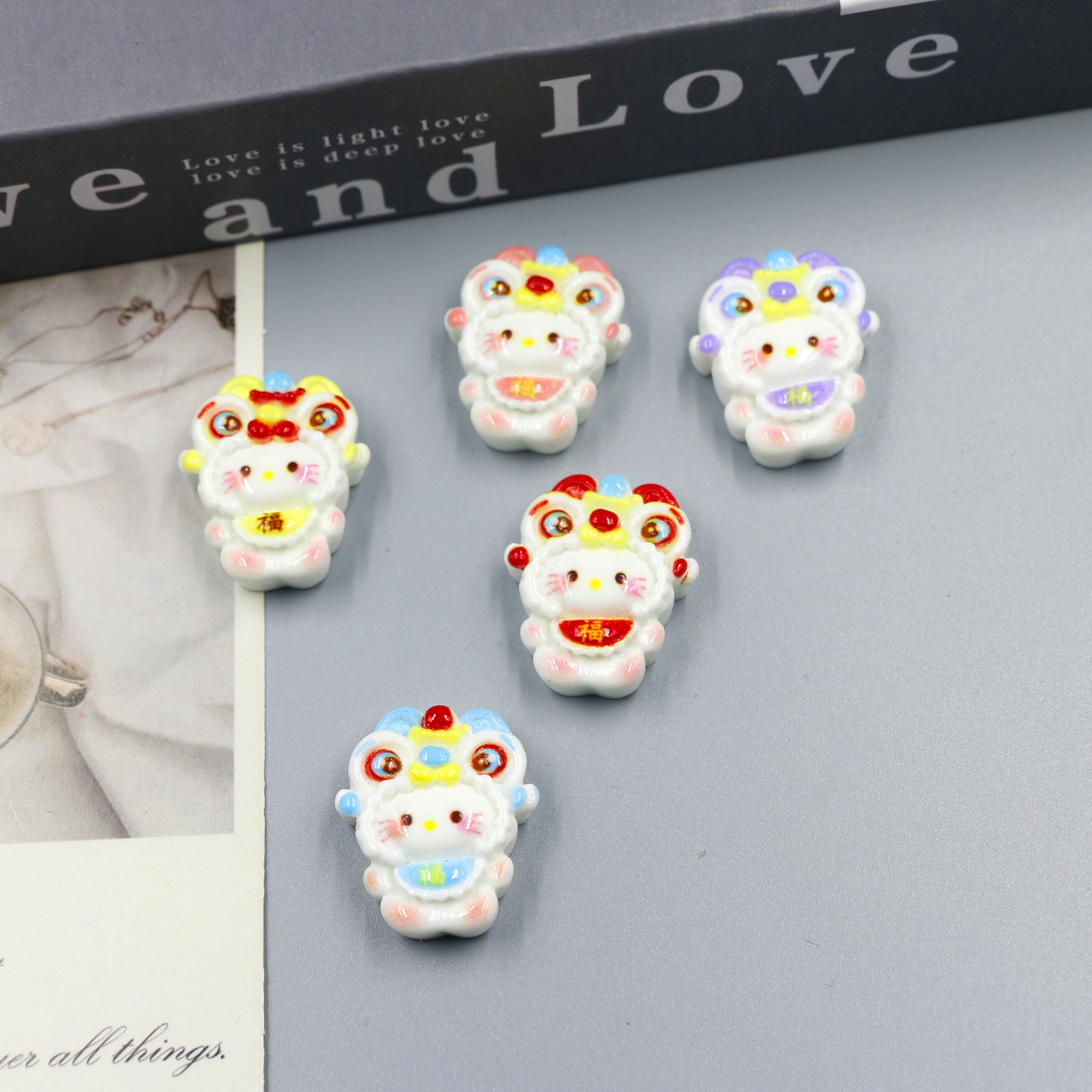 卡通新年款舞狮kt猫diy树脂配件手工发夹手机壳冰箱贴钥匙扣材料