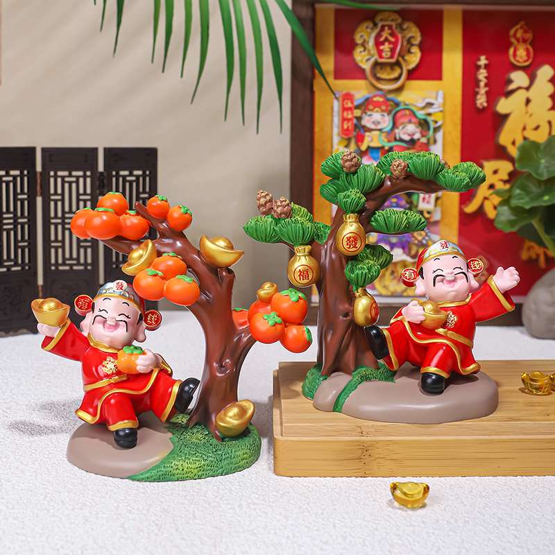 好运财神柿柿如意创意财神爷摆件家居装饰品办公桌面工位车载装饰发财树树脂