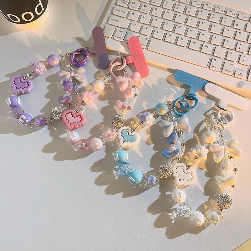 创意彩绘手机链挂件 手绘手工串珠diy学生钥匙包包小礼品  韩国水晶手机链  女款短款时尚饰品挂饰