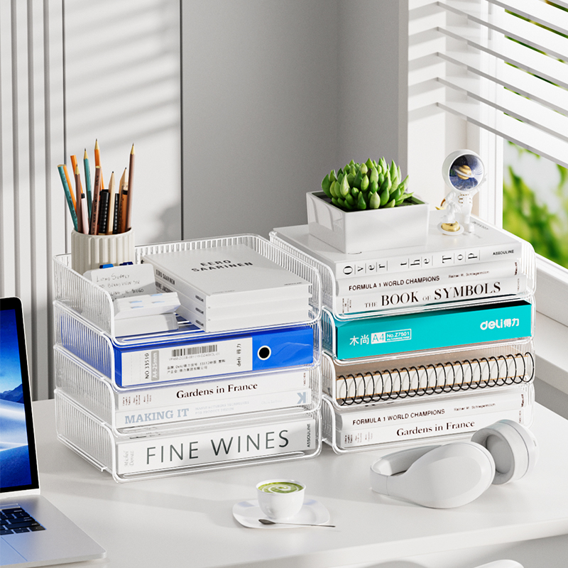 办公室桌面收纳盒抽屉式工位a4文件整理柜透明储物箱可叠加置物架