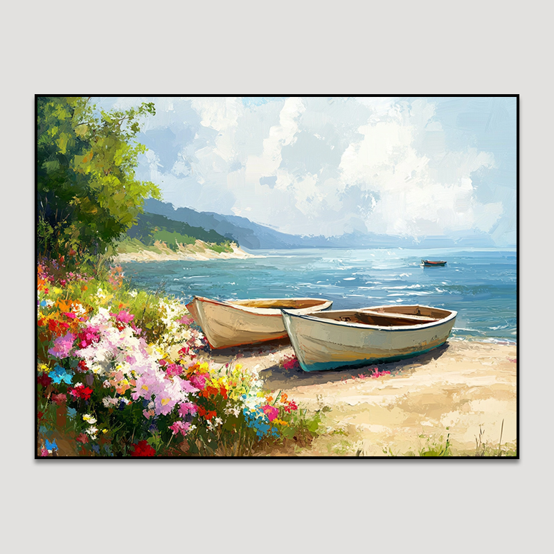 农村别墅装饰画海滩小船鲜花风景画新中式壁画卧室农村客厅装饰画