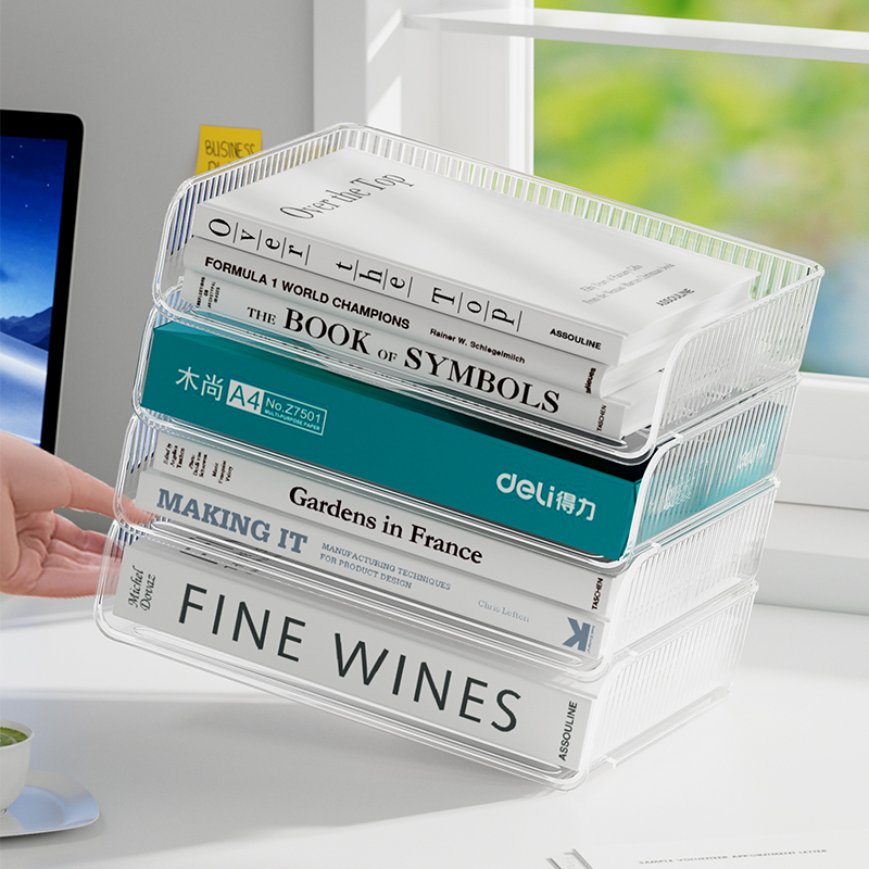 办公室桌面收纳盒抽屉式工位a4文件整理柜透明储物箱可叠加置物架白底实物图