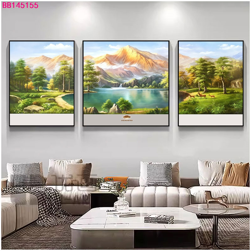 Three-line painting of dandelion, mountain range, welcoming pine, rural living room, bedroom, villa decorative painting, new Chinese-style mural Item Picture